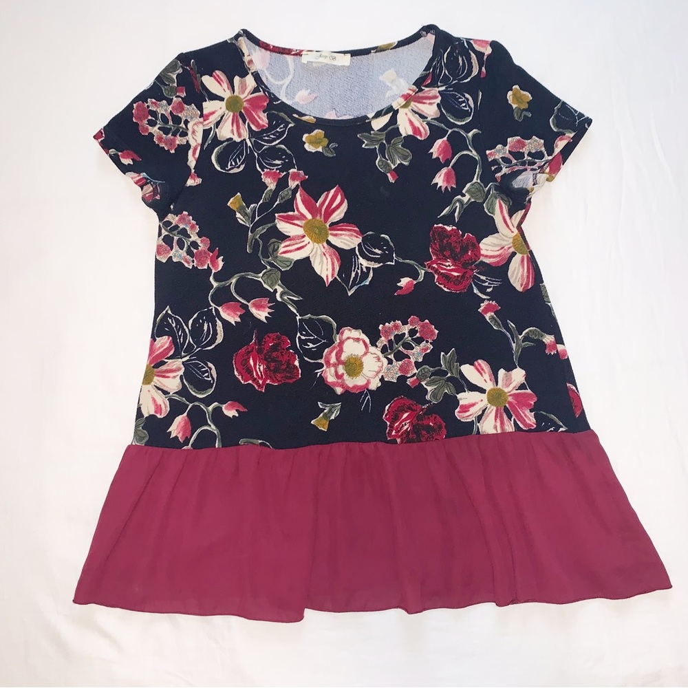 Black and Maroon Loose-fitting Floral Top with Peplum Bottom
